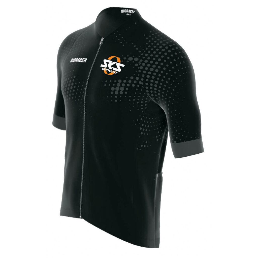 Freigestellte Aufnahme der SKS Fahrradbekleidung (Rennradtrikot) in schwarz mit grauen Punkten.