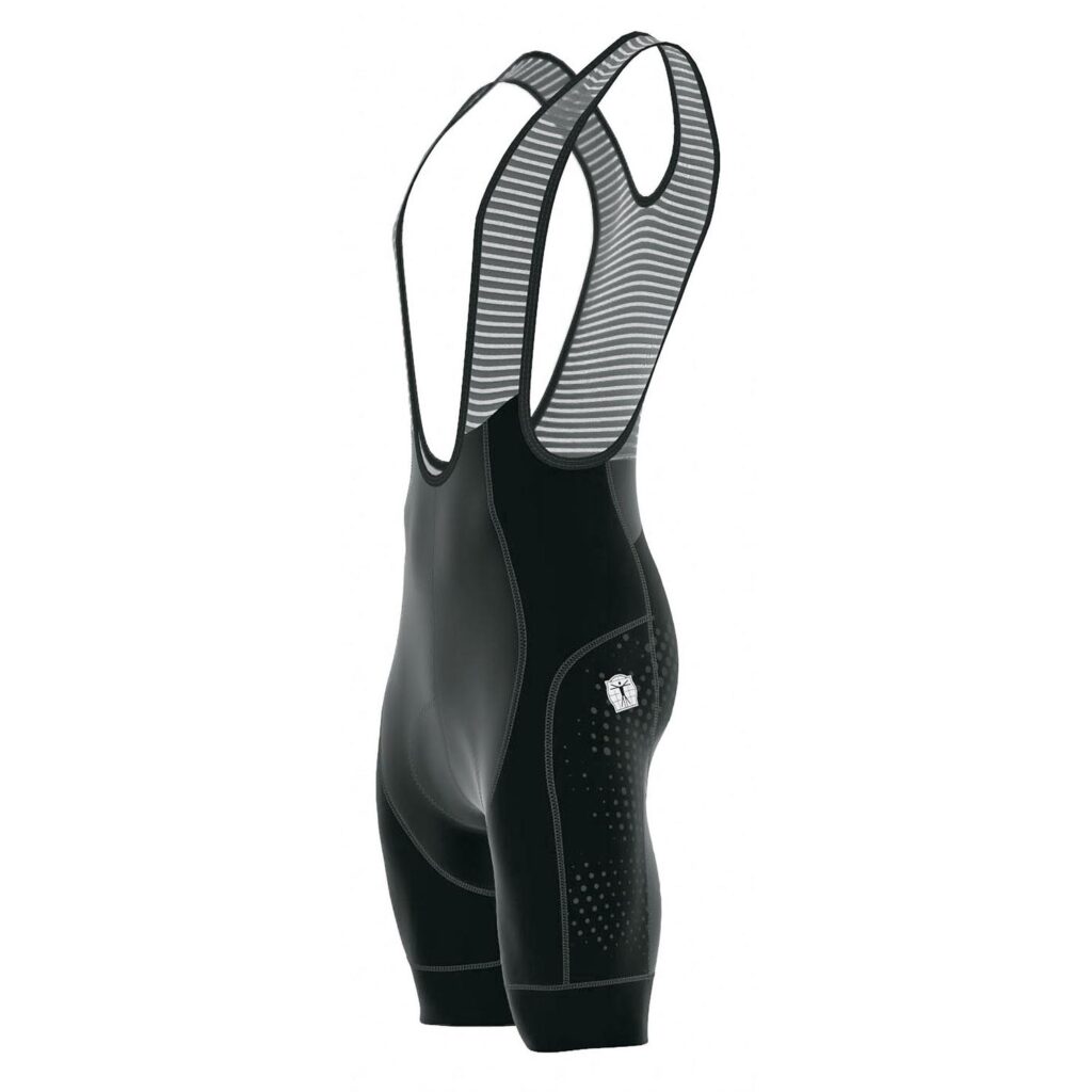 Freigestellte Aufnahme der SKS Rennradhose in schwarz mit grauen Punkten.